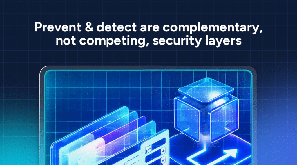 Text overlay: “Prevent & detect are complementary, not competing, security layers.” Below is a graphic of overlapping layers and a 3D cube representing threat exposure management.