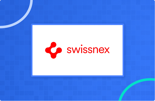 Swissnex logo in red on a white rectangle, centered on a blue background with subtle grid pattern and curved lines in the corners.