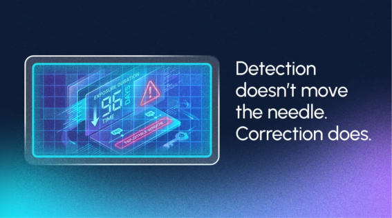 A digital interface displays a warning symbol and data chart. Text reads: "Detection doesn’t move the needle. Correction—and reducing mean time to remediate—does.