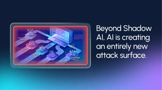 Diagram of a laptop connected to various icons with text, next to the statement: "Beyond Shadow AI, the expanding AI attack surface is creating an entirely new frontier for threats.