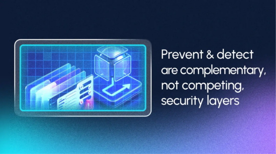 A digital graphic with folders, a shield, and an arrow, alongside the text: "Prevent & detect are complementary, not competing, security layers"—highlighting the importance of threat exposure management in building a robust defense.