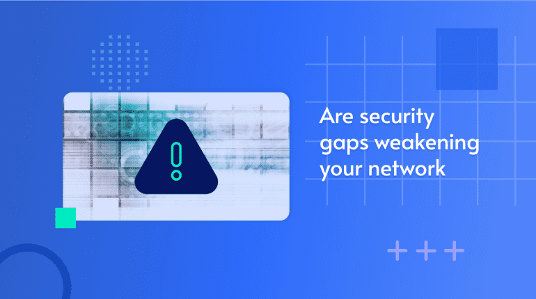 Illustration of a warning triangle over a blueprint, captioned 'Are security gaps weakening your network'