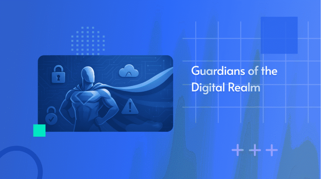 Illustration of a caped superhero figure among security icons, captioned 'Guardians of the digital realm'
