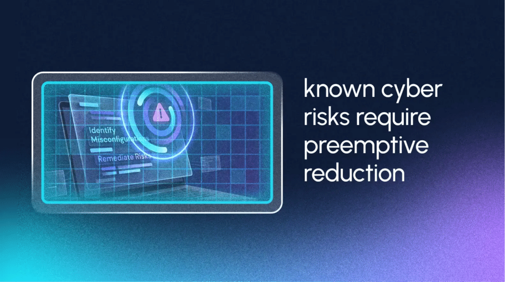 A digital screen displays cybersecurity terms with a warning icon. Text states, "known security risks require preemptive reduction.