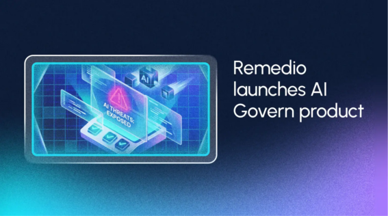 A digital illustration of an AI interface with the text "AI THREATS EXPOSED" and the caption "Remedio launches AI Govern product," highlighting the growing complexity of the AI attack surface.