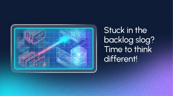A digital graphic shows data cards, charts, and cubes on a grid. Text reads, "Stuck in the remediation backlogs slog? Time to think different!.