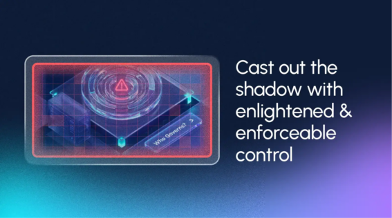 A digital interface with a warning icon and the text: "Cast out the shadow AI with enlightened & enforceable control" on a dark gradient background.