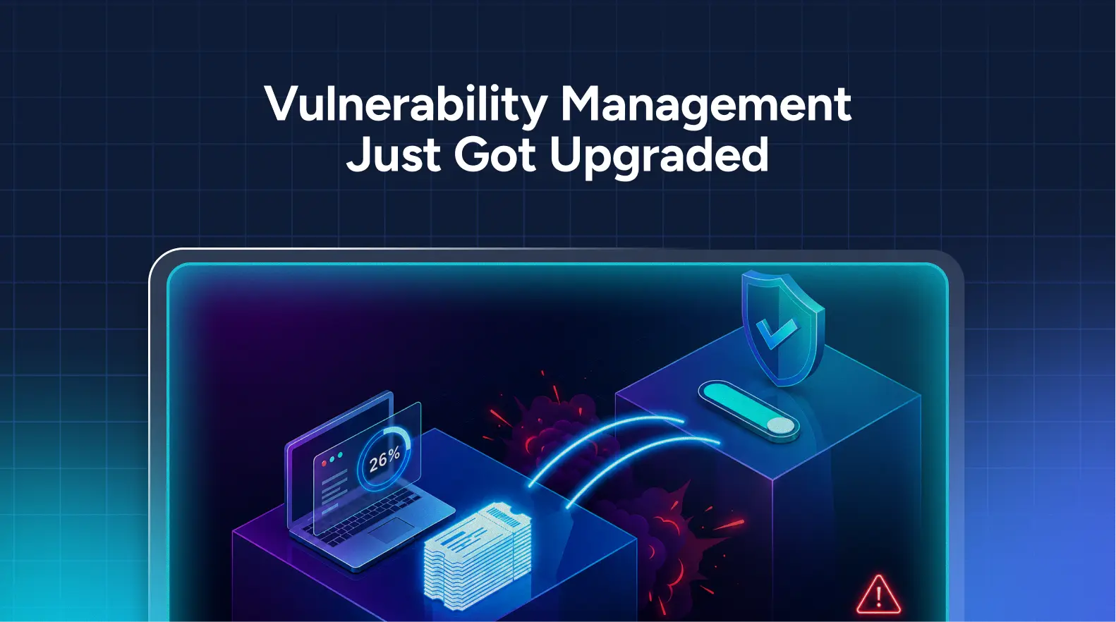 Illustration of a laptop, document stack, and shield with check mark, representing upgraded vulnerability management and Automated Vulnerability Remediation, with digital security graphics in blue and purple tones.