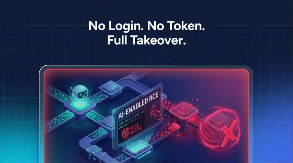 Digital illustration shows an AI robot accessing a system with text: “No Login. No Token. Full Takeover.” and a warning about how unauthenticated RCE can enable AI-powered attackers to gain root access to protected data.