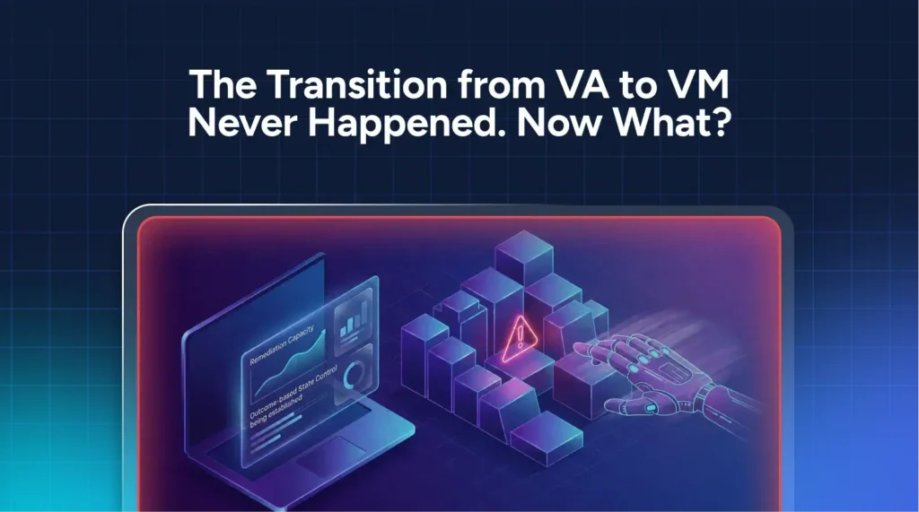 A robotic hand interacts with a digital interface displaying charts and blocks, beneath the text: “The Transition from VA to VM Never Happened. Now What?”—highlighting the crucial differences between vulnerability assessment vs vulnerability management.