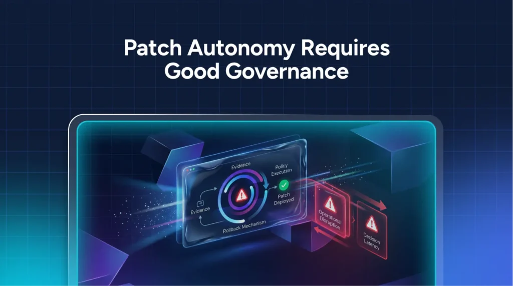 A digital graphic with the text “Patch Autonomy Requires Good Governance” and visuals of policy enforcement, automated patch management, and rollback mechanisms in a futuristic style.