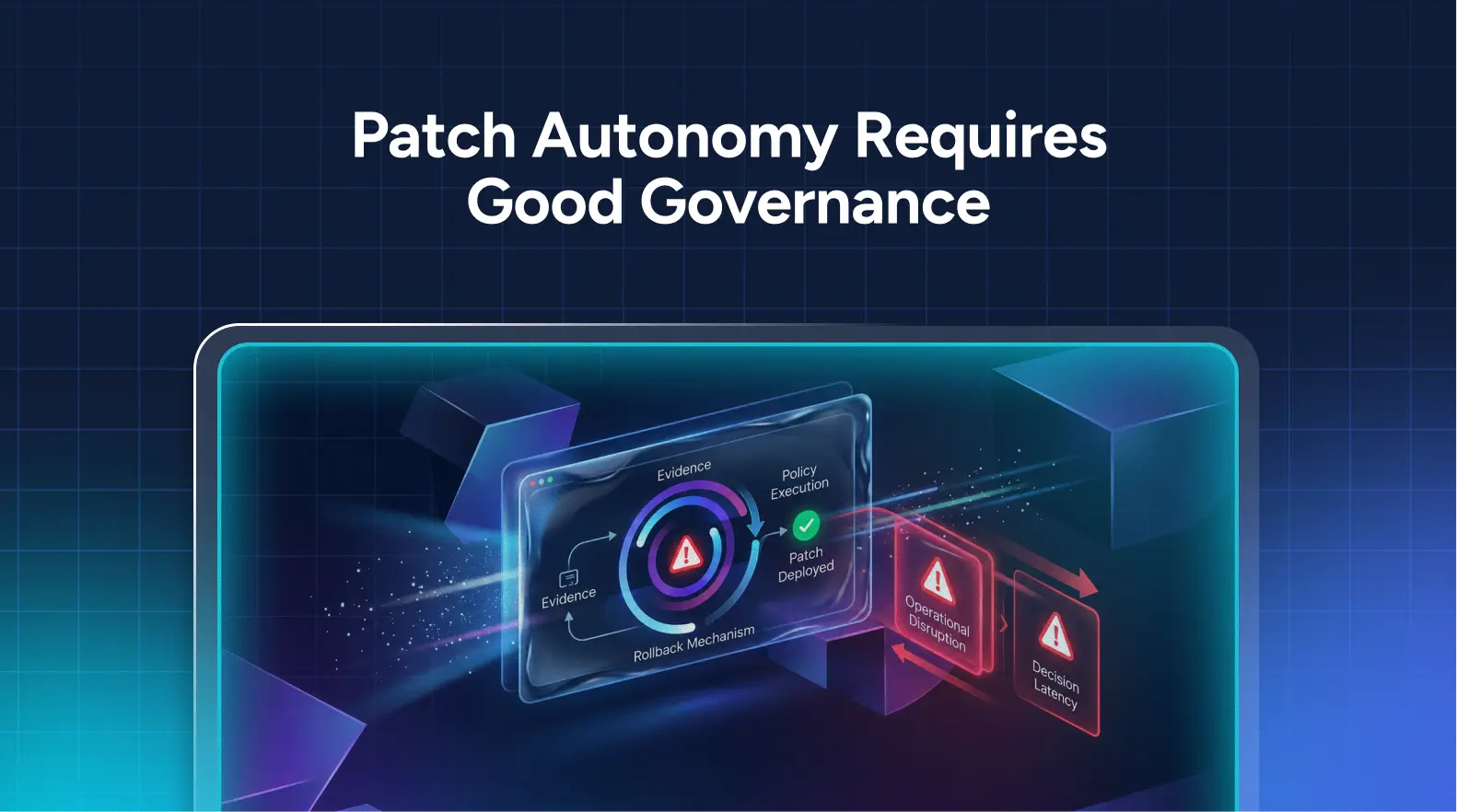 A digital graphic with the text “Patch Autonomy Requires Good Governance” and visuals of policy enforcement, automated patch management, and rollback mechanisms in a futuristic style.