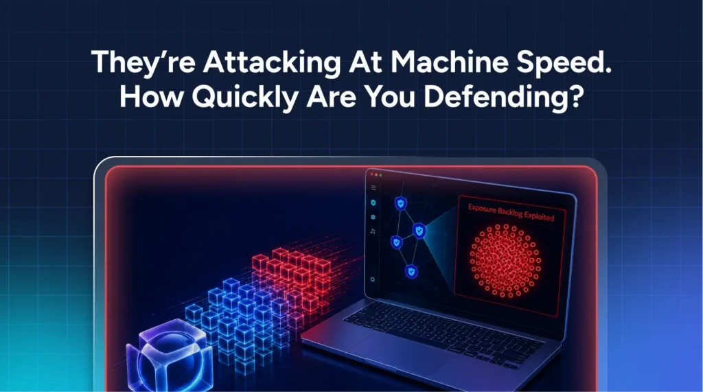 A laptop displays a cybersecurity graphic showing a network diagram and red nodes, with blue and red digital cubes beside it. Text above asks about defense speed against machine-speed attacks, highlighting the importance of effective cyber exposure management.