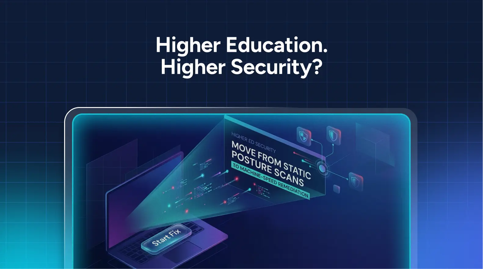 A laptop displays a projection with digital graphics and text saying, “MOVE FROM STATIC POSTURE SCANS,” under a heading, “Higher Education. Higher Security?”—highlighting the growing importance of higher education cyber security.
