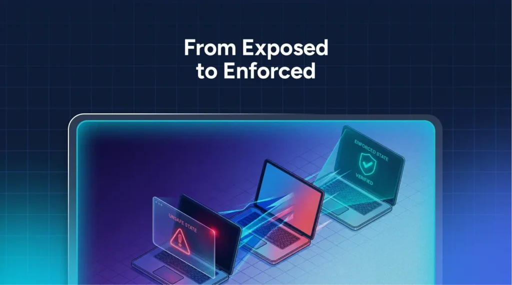 Three laptops display different cybersecurity states: a warning symbol, a red alert, and a secure shield, illustrating how device posture management helps guide the transition from being exposed to being fully enforced in digital security.