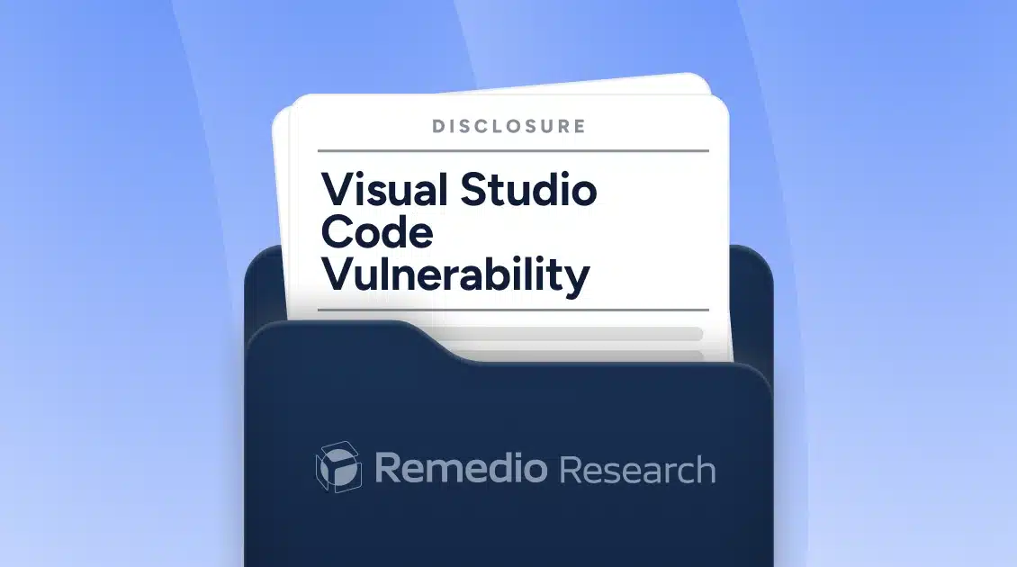 A folder with a document labeled “Visual Studio Code Vulnerability” prominently displayed, featuring the “Remedio Research” logo on a blue gradient background.