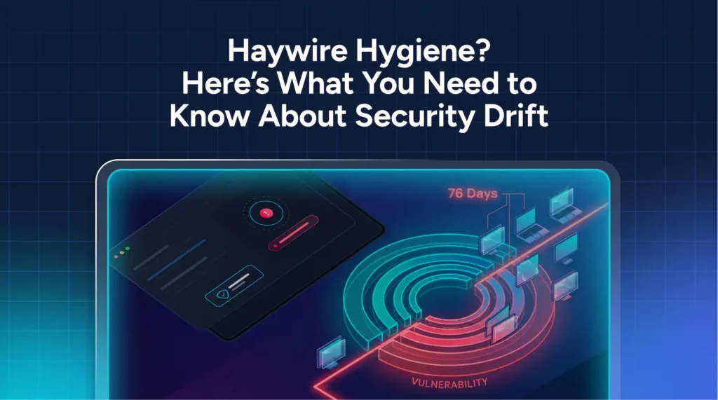 A digital illustration showing a security alert, a 76-day vulnerability mark, and the text “Haywire Hygiene? Here’s What You Need to Know About Security Drift.” This striking visual highlights the importance of configuration-drift-management in maintaining strong cyber hygiene.