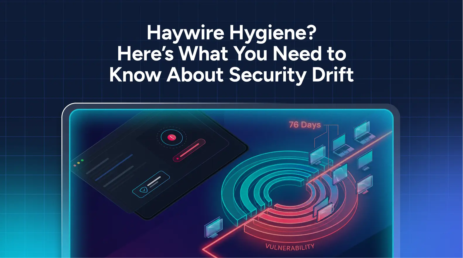 A digital illustration showing a security alert, a 76-day vulnerability mark, and the text “Haywire Hygiene? Here’s What You Need to Know About Security Drift.” This striking visual highlights the importance of configuration-drift-management in maintaining strong cyber hygiene.