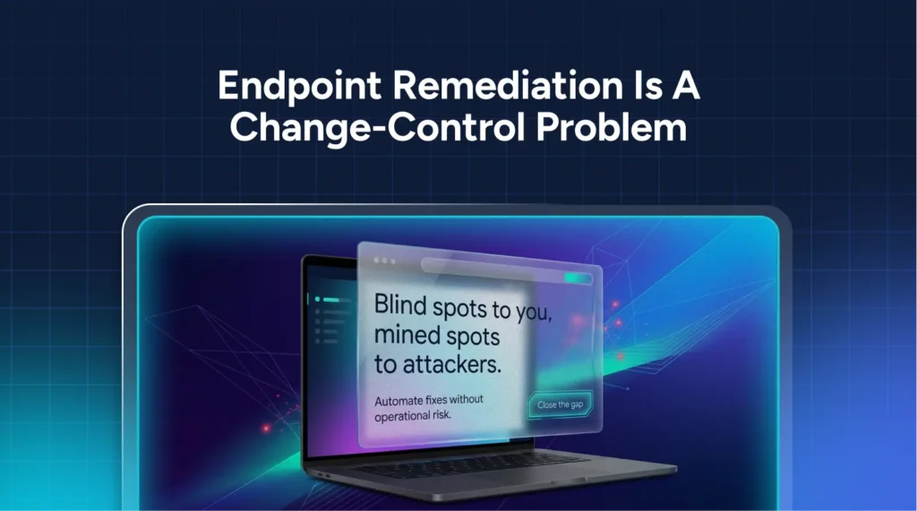 A digital illustration shows a laptop with overlaid text: “Blind spots to you, mined spots to attackers. Automate fixes without operational risk.” The header reads “Endpoint Remediation Is A Change-Control Problem,” highlighting how effective endpoint remediation is essential for minimizing threats while maintaining operational stability.