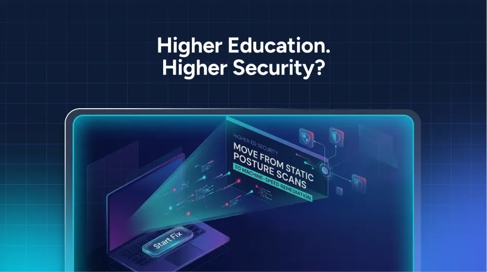 A laptop displays a projection with digital graphics and text saying, “MOVE FROM STATIC POSTURE SCANS,” under a heading, “Higher Education. Higher Security?”—highlighting the growing importance of higher education cyber security.