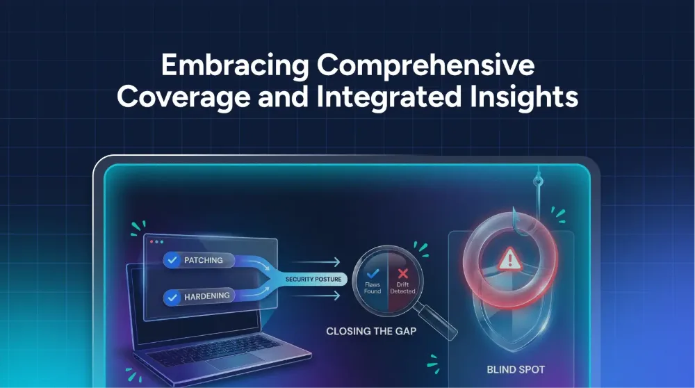 Diagram showing a laptop with patching and hardening alongside Vulnerability and Configuration Management tools, a magnifier on risk found, and a shield labeled blind spot under the text “Embracing Comprehensive Coverage and Integrated Insights.”.